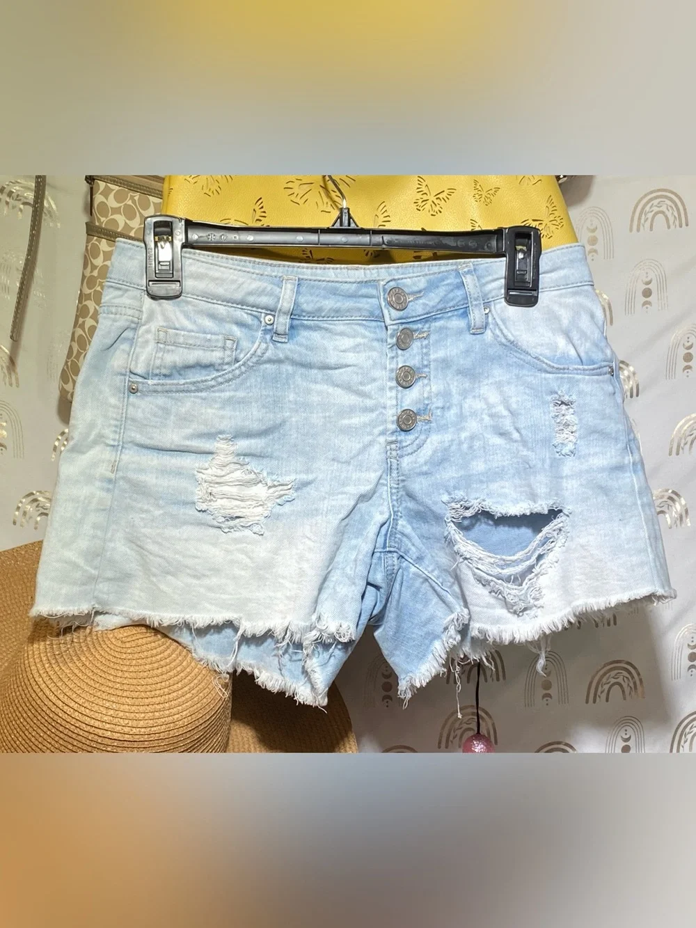 refuge Light Blue Distressed Denim Button-Fly Shorts